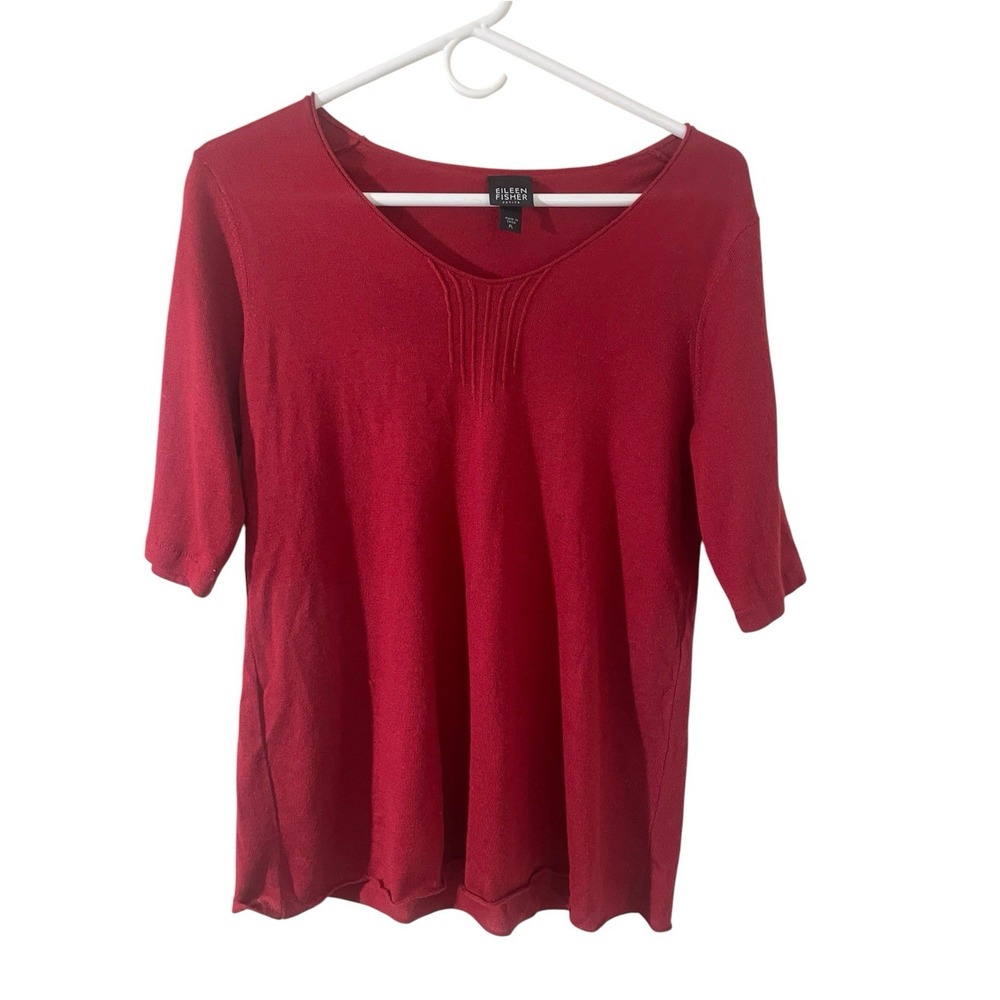 Eileen Fisher Fine Merino Wool Red Top Petite Large Soft Half Sleeve Lightweight